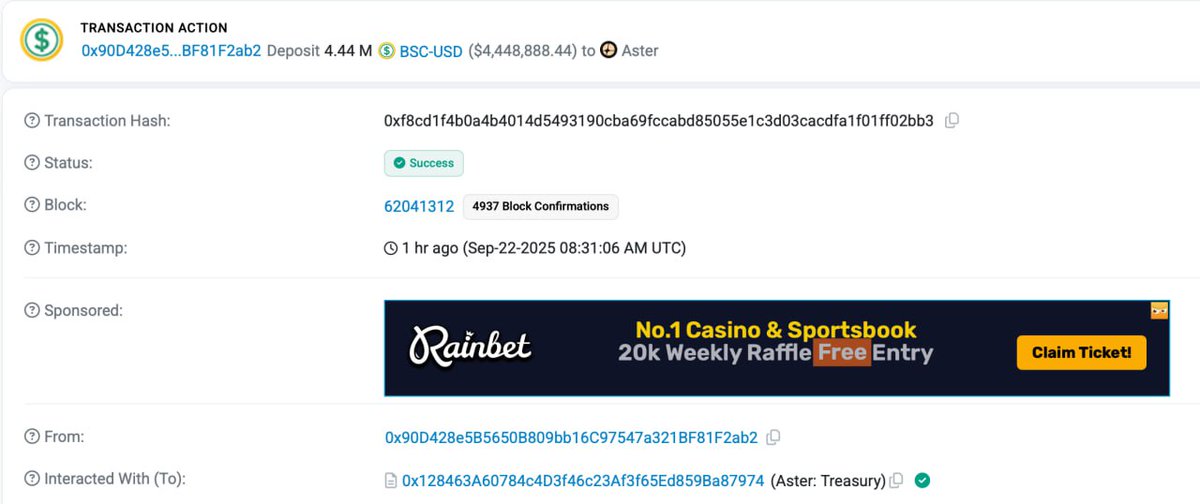 🚨LATEST: 4,444,444 $BUSD was deposited into the $ASTER treasury wallet