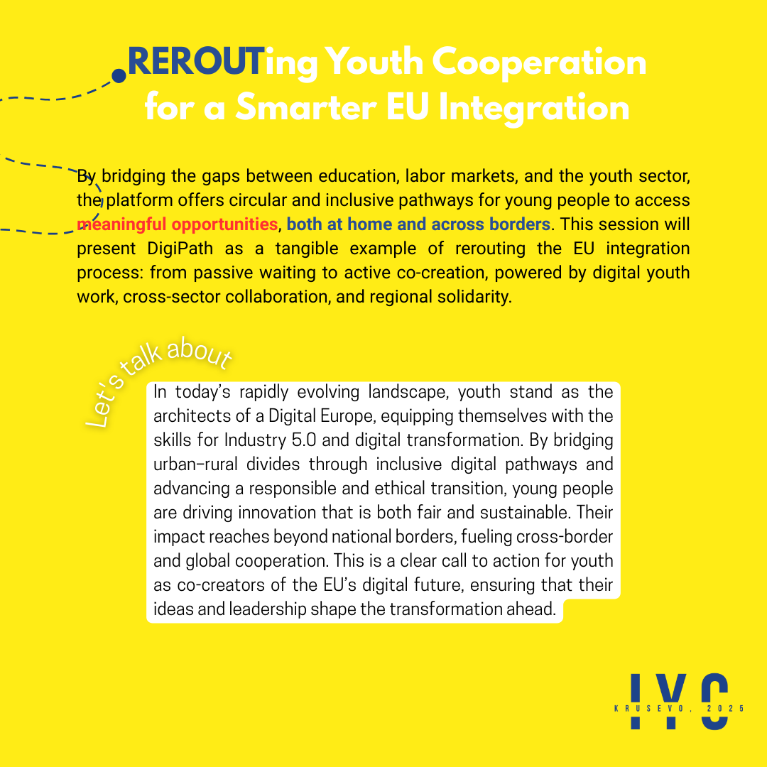 🔀 Youth are REROUTing cooperation for a smarter EU integration!
💡 Fresh ideas, digital innovation &amp; regional solidarity will shape the future.
📅 25–29 September 2025
📍 Kruševo
📺 Live-streamed
#IYC2025 #KrusevoConference #YouthPower