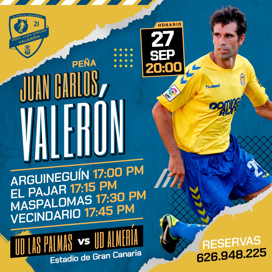 🏆 <a href="/LaLiga2/">LALIGA HYPERMOTION</a> - 07ª Jornada
📅 SAB 27/09/2025
🕒 20:00 h.
🏟️ Estadio de Gran Canaria
🆚 <a href="/UDLP_Oficial/">UD Las Palmas</a> vs <a href="/U_D_Almeria/">UD Almería</a>    

🚍 Guagua Peña Juan Carlos Valerón

Toda la información en nuestra web bit.ly/LPAvsUDA

#JuanCarlosValerón #ElMagodeArguineguín 🎩⚽️2⃣1⃣💛💙