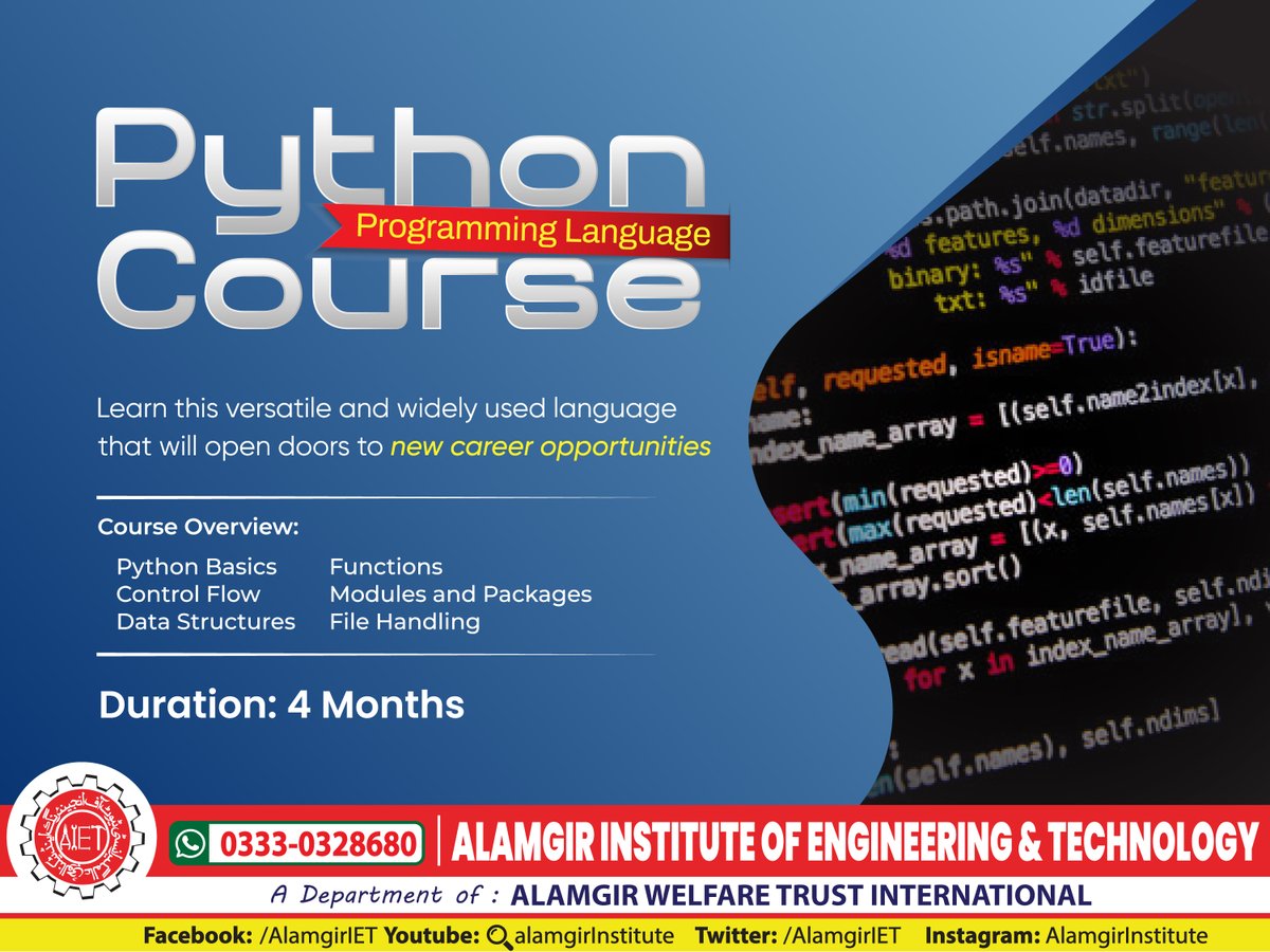 AlamgirIet's tweet image. 🔹Elevate your coding skills with our Python Programming Course.
#AIET #pythonlearning #pythonlanguagecourse
#itcourses #shortcourses #pythonprogramming
#registeryourself #technicalinstitute #SharePost
