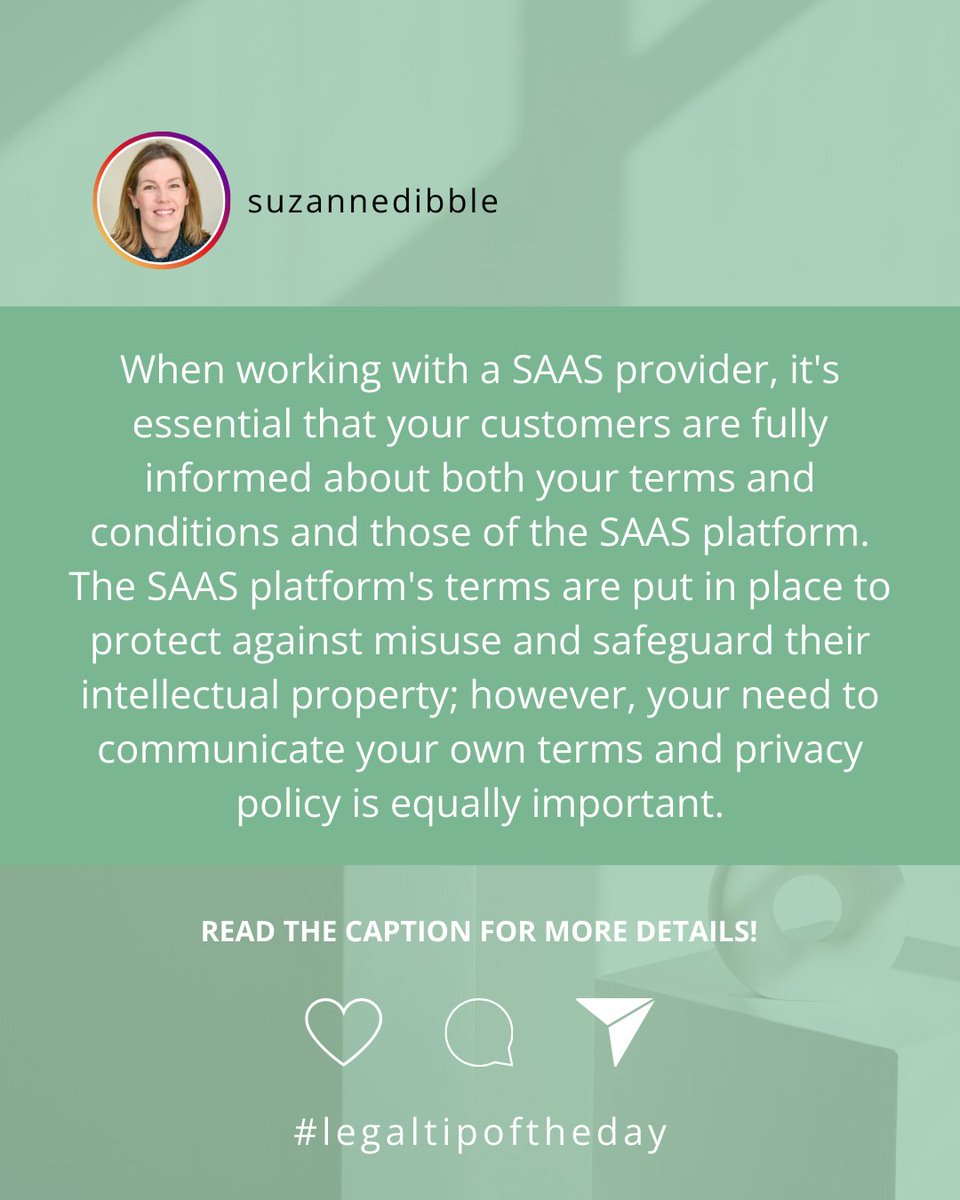 law4onlinebiz's tweet image. When using a SAAS platform, don’t rely only on their terms. Make sure your customers also agree to your own terms and privacy policy, so your business is protected too.

#LegalTipOfTheDay #BusinessProtection #SAAS