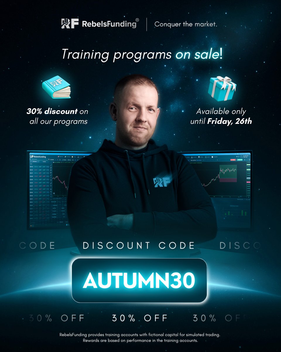 rebelsfunding's tweet photo. 🍂Autumn Special – **30% OFF** all training programs! 

👉 Use code **AUTUMN30** at checkout and get 30% OFF all our programs.
⏳ Offer valid until Friday, 26th September, 22:00 UTC.

Don’t miss out, grab your program right now!
https://t.co/Qsf1JVwy6p

#propfirms #forextrader #discount #ForexSignals #Forex #XAUUSD #ICT #propfirmevaluation #Trader