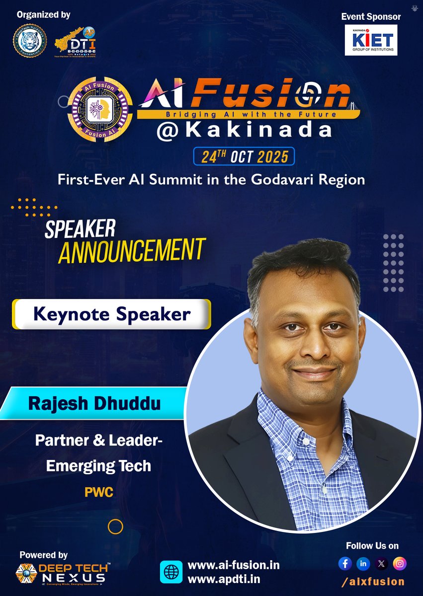 We’re thrilled to welcome <a href="/rajeshdhuddu/">Rajesh Dhuddu</a>, Partner &amp; Leader - Emerging Tech <a href="/PwC/">PwC</a>, as a Keynote Speaker at #AIFusion @ Kakinada

The first-ever #AISummit in the #Godavari region, driving #AI adoption &amp; #innovation.

✨24 Oct 2025 | #Kakinada, AP
Register at: ai-fusion.in