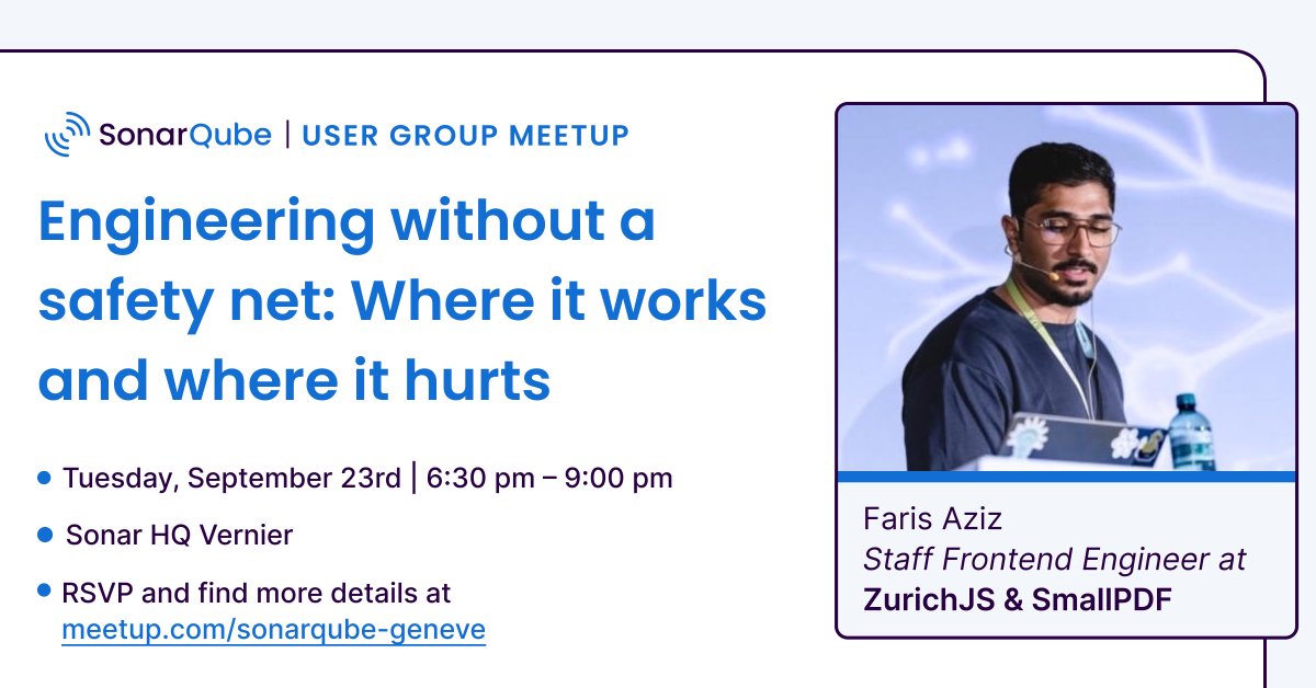 SonarSource's tweet image. Ever skip tests to ship faster? 🤔 Let's talk about the real trade-offs.
Join our #SonarQube User Group Meetup in Geneva for some great insights, networking, and free food! RSVP: bit.ly/4n6ZQ8z
#CodeQuality #CodeSecurity #SonarUserGroup #TechMeetUp