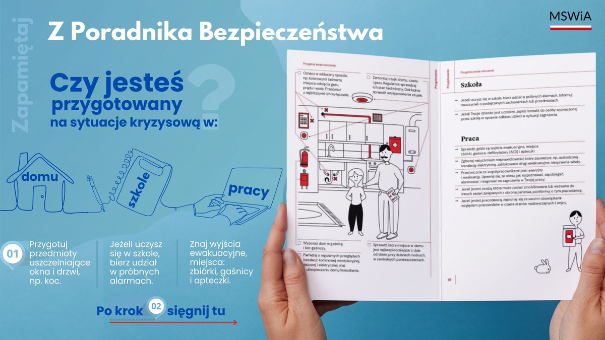 ℹ️ Czy jesteś przygotowany na sytuację kryzysową – gdziekolwiek jesteś? W każdym z tych miejsc możesz zadbać o swoje bezpieczeństwo:

🏠 Dom – usuń z korytarzy zbędne przedmioty, zamontuj czujki dymu i czadu, regularnie sprawdzaj instalacje.
🏫 Szkoła – zwracaj uwagę na