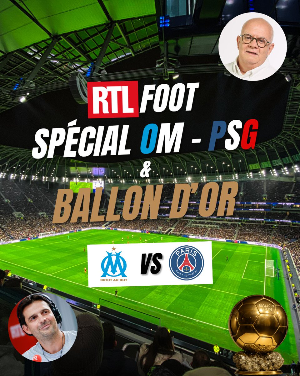 🏟️🎙️🏆⚽ Aujourd'hui, Grande Soirée dans <a href="/RTLFoot/">RTLSport</a> spécial #OMPSG et #BallonDor de 19h45 à minuit sur l'antenne de #RTL avec Éric Silvestro et <a href="/Jano_Resseguie/">Jano Resseguié 🔈</a> en studio. <a href="/PhilSANFOURCHE/">Sanfourche Philippe</a> <a href="/HugoAmelinovic/">Hugo Amelin</a> et <a href="/Boghossian14/">Boghossian Alain</a> en direct de l' <a href="/orangevelodrome/">Orange Vélodrome 🏡</a>