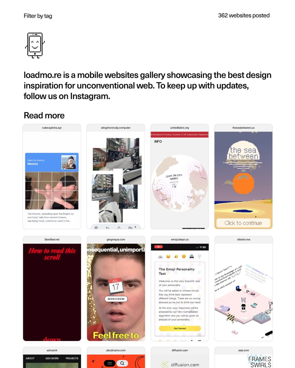 Adham Dannaway (@adhamdannaway) on Twitter photo Finally, a mobile-first web design inspiration gallery 🙌
A quirky collection of unconventional websites that make the most mobile.
→ loadmo.re Finally, a mobile-first web design inspiration gallery 🙌
A quirky collection of unconventional websites that make the most mobile.
→ loadmo.re