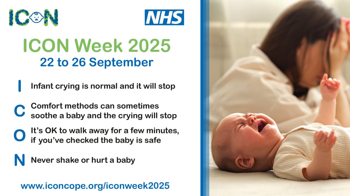 BFfC_Child's tweet photo. This week is ICON week, highlighting support and encouragement for parents/carers with babies. 

Crying often increases around 2 weeks and peaks at 6–8 weeks. This phase will pass, and you are not alone.
Find out more: 
⭐️ https://t.co/1VMsnKDUVu

#ICONWeek2025 #ICONcope https://t.co/SMRewSSh9G