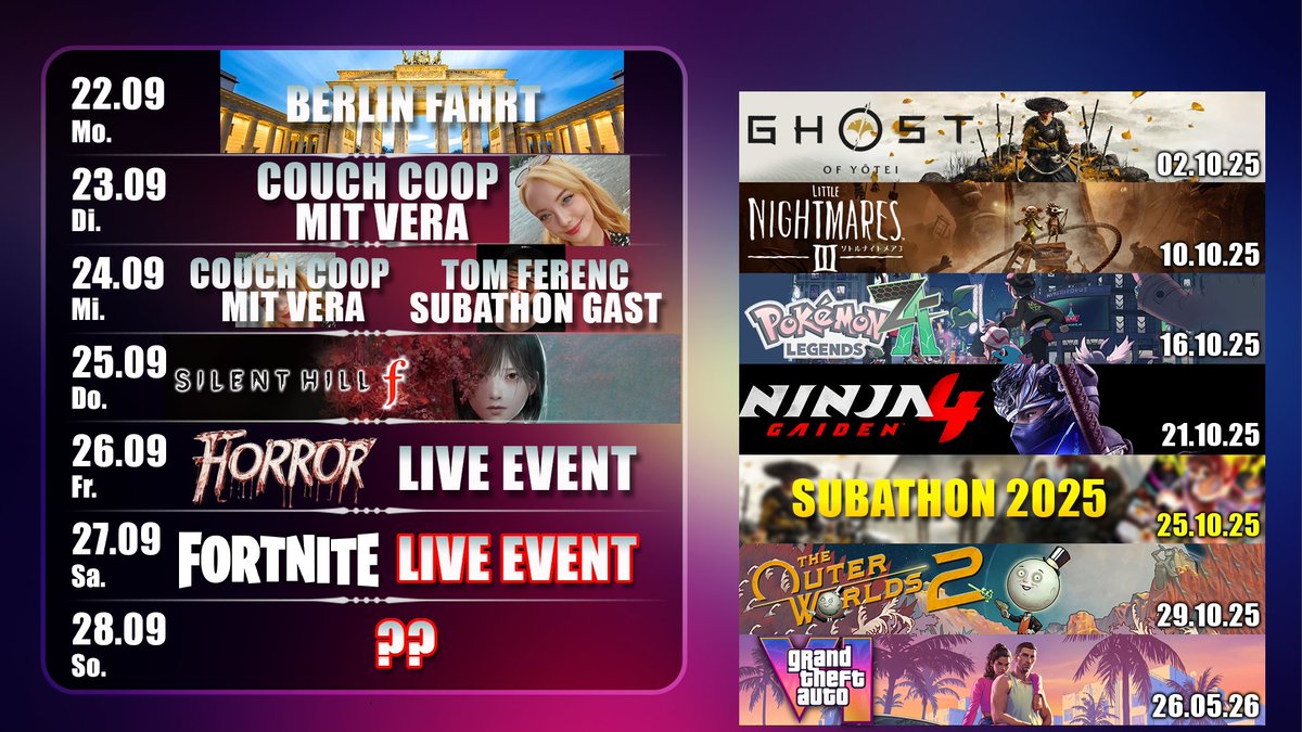 Streamplan ist gefüllt xD wird geilo die Woche

* Dienstag: Borderlands LAN wird zu Couch Coop mit <a href="/primalavera1/">Primalavera🎙️🎵 Vera</a> 
* Mittwoch: Zu Gast bei <a href="/tomferenc_/">Tom Ferenc</a> seinem Subathon
* Donnerstag: Silent Hill f wird richtiges Brett
* Freitag: Würfel Live Event in Fortnite OG
* Samstag: Daft Punk