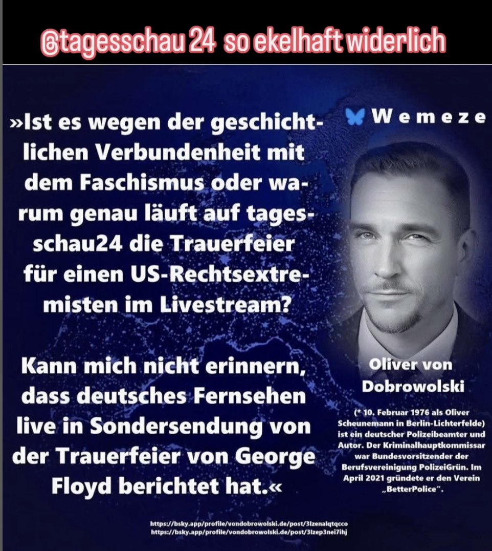 Ingo_Hasselbach's tweet photo. Gute Frage - warum überträgt die #tagesschau die Trauerfeier für einen rechten #Hassprediger?
#Magacult #Kirk #TrumpisaNationalDisgrace https://t.co/xADbj1ft6O
