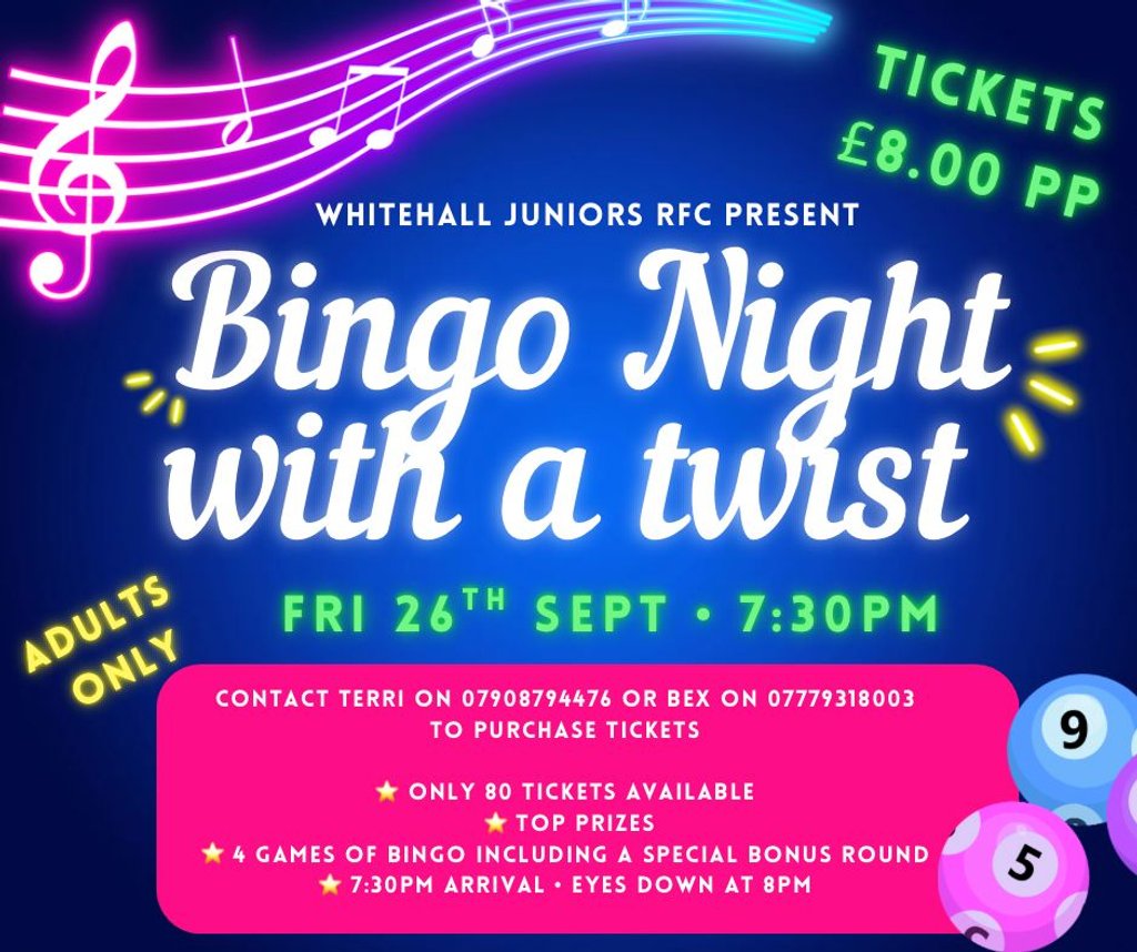 Bingo Night with a twist!! ADULTS ONLY!! #Pitchero. Support the rugby club,  open to EVERYONE, not just club members. Bring your friends and family!! This promises to be a  fun night!!!
pitchero.com/clubs/whitehal…
