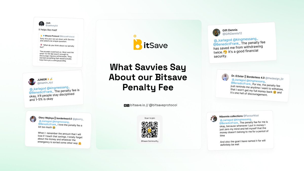 Savvies are showing us what it means to be financially disciplined💪🏽

We asked about the penalty fee, you shared how it actually helps stay consistent with your savings goals instead of dipping in too early.

Discipline isn’t easy and that’s why we built Bitsave☺️

Stay Savvy💰😎