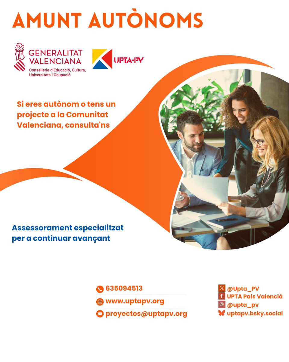 Amunt Autónom@s, proyecto de UPTA-PV financiado por <a href="/GVAeducacio/">GVA Educació</a>

Asesoramiento a autónom@s y emprendedores de la CV Especial atención a microemprendimientos rurales f.mtr.cool/uajosjoelp
<a href="/InesMazuelaRo/">Inés Mazuela</a>
<a href="/EDUARDOABADSABA/">Presidente UPTA España</a>