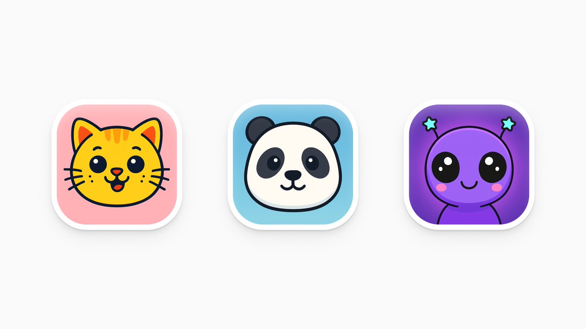 serhanbaydi's tweet photo. 10) Cat App Icon 😻
"character_type": "cat"
"expression": "playful"
"eye_style": "round shiny eyes"
"primary_color": "#FFEB3B"
"secondary_color": "#FBC02D"
"detail_colors": "#FFFFFF, #000000, #FF5722"
"background_color_or_gradient": "solid pastel pink"
"optional_details": "whisker dots"
11) Panda App Icon 🐼
"character_type": "panda"
"expression": "calm"
"eye_style": "black eye patches with glossy pupils"
"primary_color": "#FFFFFF"
"secondary_color": "#000000"
"detail_colors": "#000000, #FFFFFF"
"background_color_or_gradient": "soft blue gradient"
"optional_details": "round ears visible at top"
12) Baby Alien 👽 🍼
"character_type": "baby alien"
"expression": "happy"
"eye_style": "huge glossy black eyes with sparkles"
"primary_color": "#7E57C2"
"secondary_color": "#512DA8"
"detail_colors": "#FFFFFF, #000000, "
"optional_details": "tiny antenna with star tips"
"background_color_or_gradient": "galaxy purple gradient"