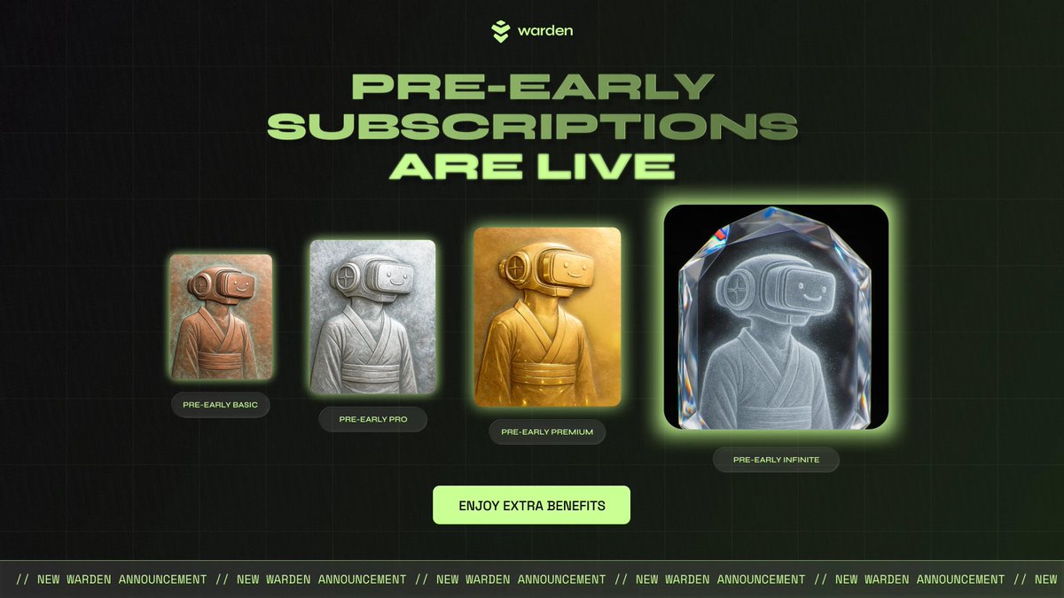 wardenprotocol's tweet image. Pre-Early Subscriptions are now LIVE 🔥

Secure your multipliers, unlock premium features, and claim your place in Warden&apos;s future.

Four tiers, massive benefits, limited time window 👇