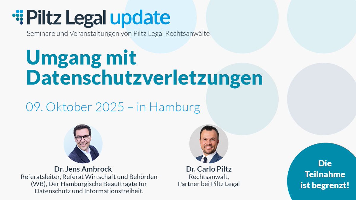 CarloPiltz's tweet image. 𝗦𝗲𝗺𝗶𝗻𝗮𝗿: 𝗨𝗺𝗴𝗮𝗻𝗴 𝗺𝗶𝘁 𝗗𝗮𝘁𝗲𝗻𝘀𝗰𝗵𝘂𝘁𝘇𝘃𝗲𝗿𝗹𝗲𝘁𝘇𝘂𝗻𝗴𝗲𝗻 - 𝗮𝗺 𝟬𝟵.𝟭𝟬.𝟮𝟬𝟮𝟱 𝗶𝗻 𝗛𝗮𝗺𝗯𝘂𝗿𝗴

Infos &amp;amp; Anmeldung: piltz.legal/events/umgang-…
#DSGVO #Datenschutz #GDPR #databreach