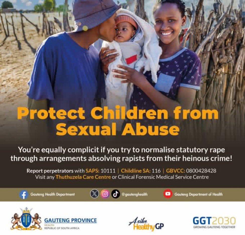 GautengHealth's tweet image. Dear parents, guardians and caregivers, you are equally complicit if you brush off or not report incidents of statutory rape on innocent children you’re meant to protect and care for! #TeenagePregnancy #StatutoryRape #ProtectOurChildren #AsibeHealthyGP