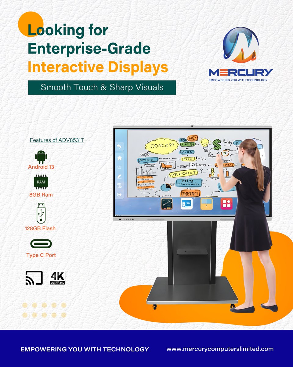 mercuryuganda's tweet image. Discover Ultra-Responsive Interactive Screens — Built for Speed, Durability, Stunning Clarity, and touchscreen. Perfect for Business, Education, and Retail Spaces

Contact Us; 
mercurycomputerslimited.com
wa.me/256778443985

#interactivescreen #widedisplay #touchscreen