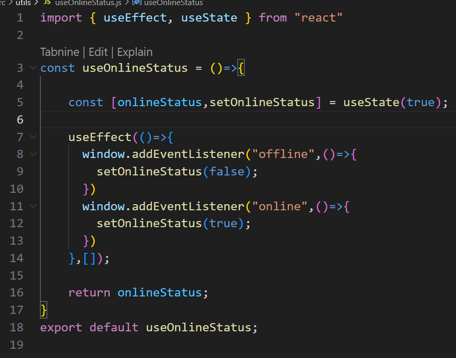 saiyaam_sahu24's tweet image. Creating Custom Hook for checking the status of user if it is online or offline. #react #WebDevelopment #javascriptinterviewquestionsandanswers #hireme