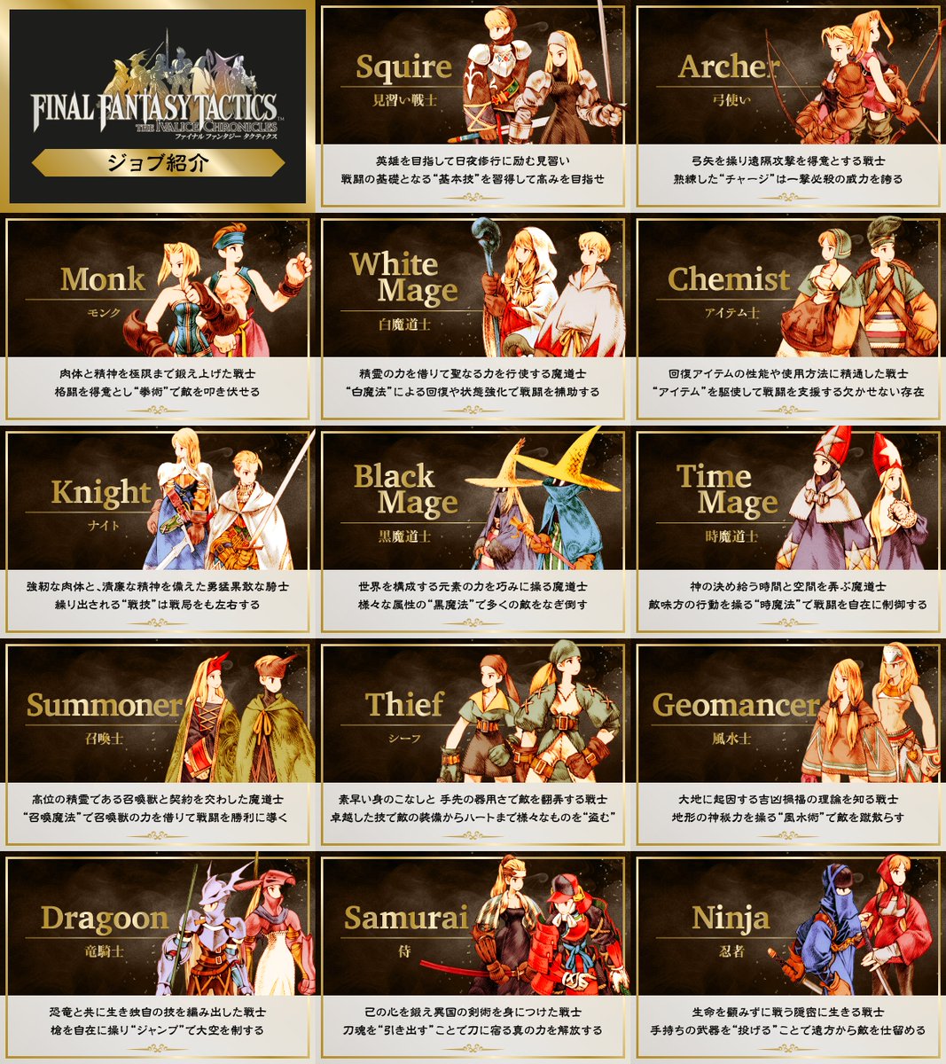 『ファイナルファンタジータクティクス - イヴァリース クロニクルズ』がいよいよ明日9月30日（火）に発売！

ということで、登場するジョブを一部まとめてみました✨️
あなたは何を選びますか？

画像を拡大してご覧ください🔍️

#FFタクティクス