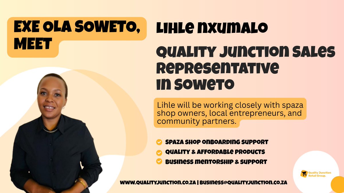 QualityJunctio's tweet photo. We’re excited to announce that Lihle Nxumalo has officially joined the Quality Junction Retail Group family as our Sales Representative in Diepkloof. Exe Soweto Lets Connect. 
#Soweto #Spazashop #townshipeconomy https://t.co/Uv4tafwjR1