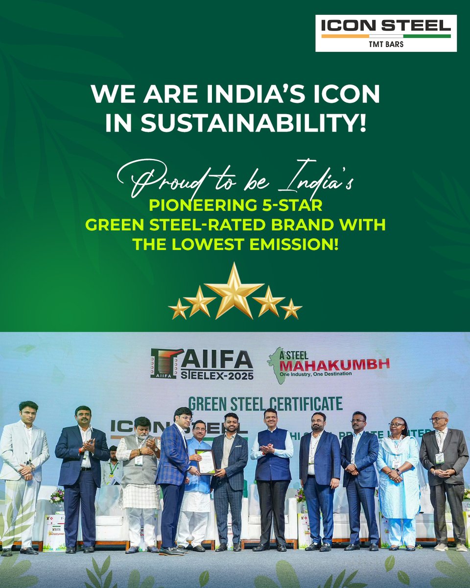 iconsteelindia's tweet image. True strength isn’t just in our steel—it’s in our responsibility to the planet. 
Proud to be India’s 1st 5-Star Green Steel-rated brand with the lowest emissions. 

#IconSteel #GreenSteel #SustainableFuture #BuildWithStrength