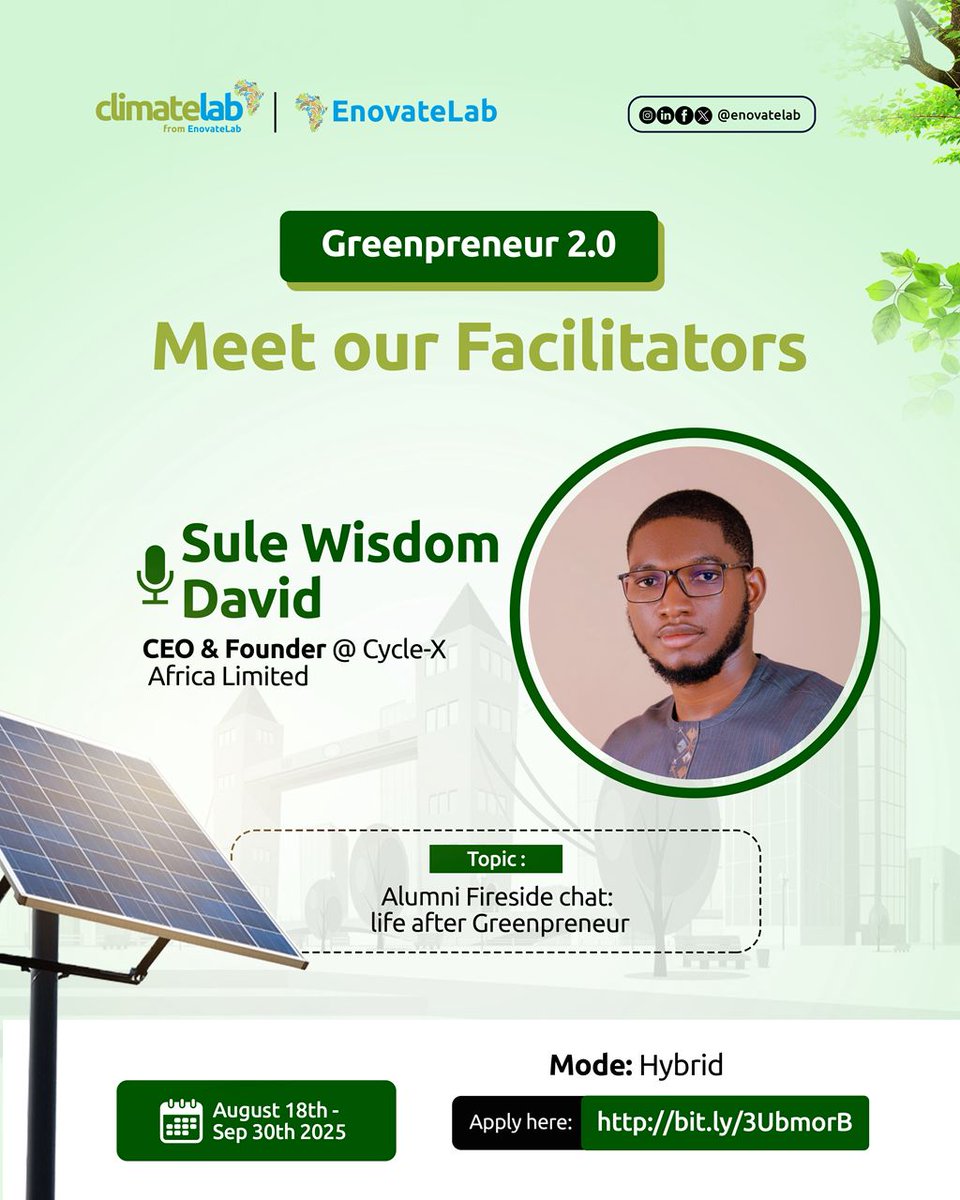 Meet our amiable &amp; capable facilitator for #Greenpreneur Incubation Program 2.0 

Sule Wisdom David is a visionary
entrepreneur &amp; tech expert, driving sustainability &amp; the SDGs as CEO/Founder of The Hndwok Global Ltd &amp; Cycle-X Africa Limited.