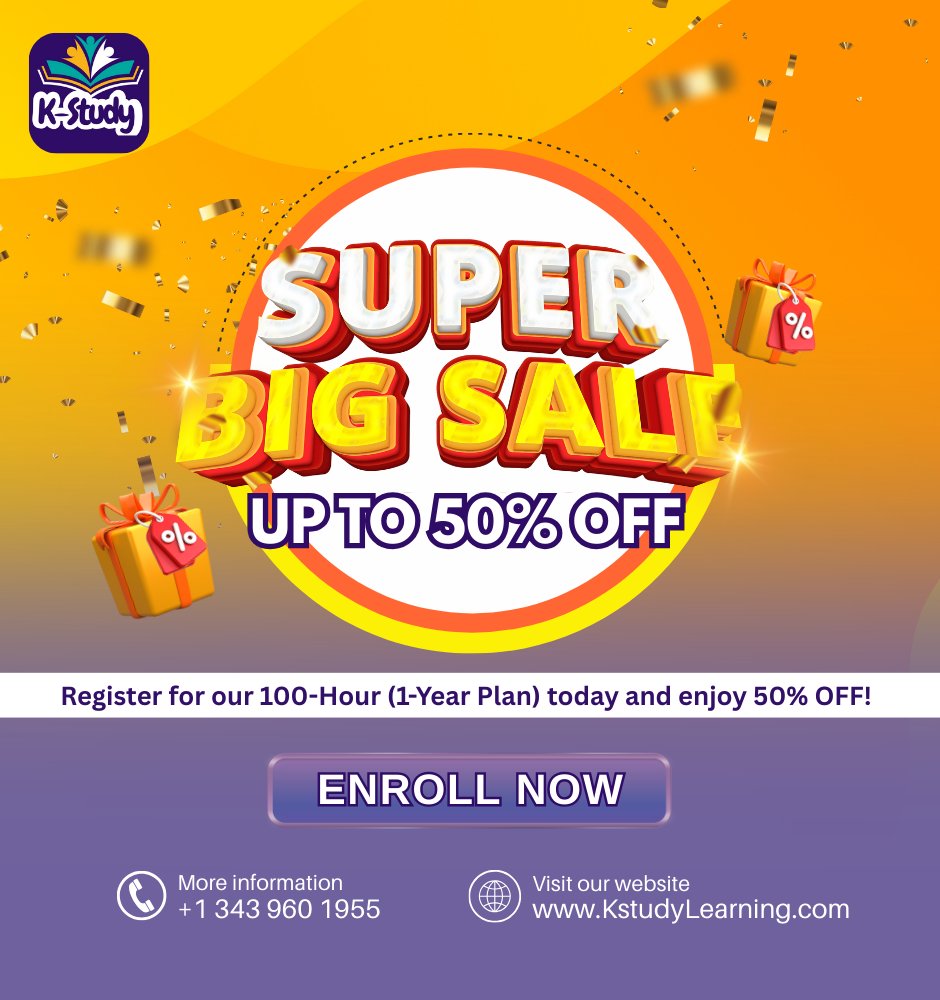 KstudyLearning's tweet image. 🐦 Twitter / X

🚨 SUPER BIG SALE 🚨
Kstudy’s 100-Hour (1-Year Plan) is now 50% OFF!
🎓 Fun, culture &amp;amp; learning for kids worldwide.
👉 Enroll today: KstudyLearning.com