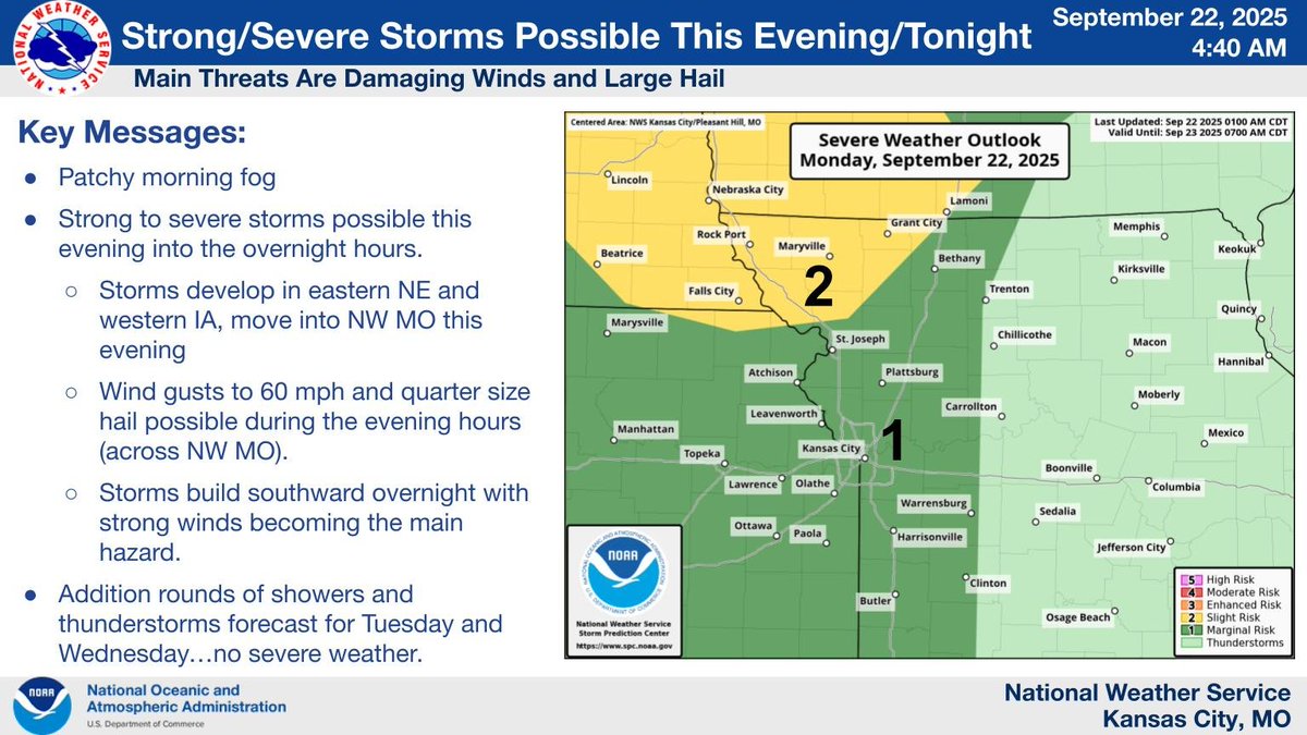 This evening, storms are forecast to move into NW MO. These storms have the potential to be severe with damaging winds and large hail the main threat. Storms are then expected to move through the area tonight. Storms across eastern KS and western MO may be strong with gusty winds