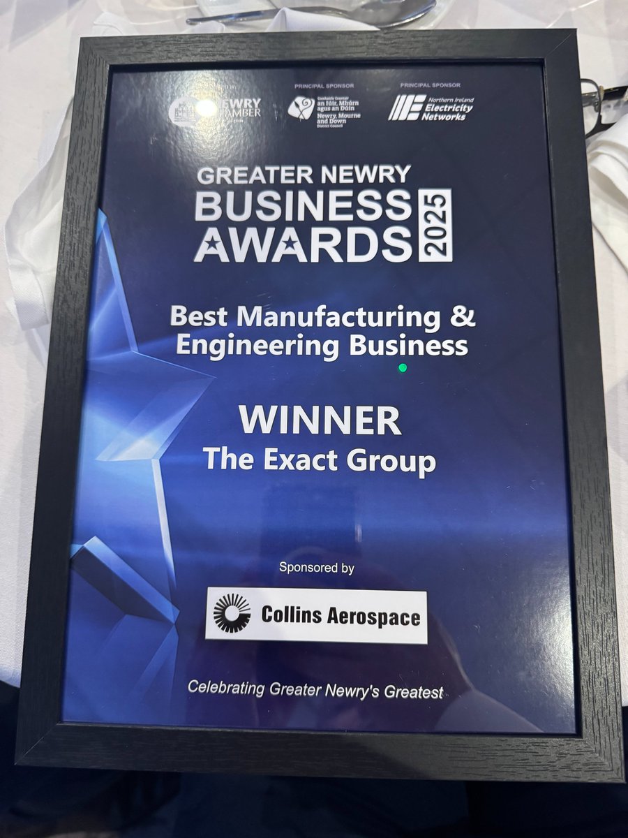 ExactCNC's tweet photo. It’s a great start to the week as The Exact Group was named Best Manufacturing and Engineering Business at the @NewryChamber Business Awards on Friday evening!

Thank you to @NewryChamber, principal sponsors @nmdcouncil and NIE Networks, and award sponsor Collins Aerospace. https://t.co/mmE5aO1oBI