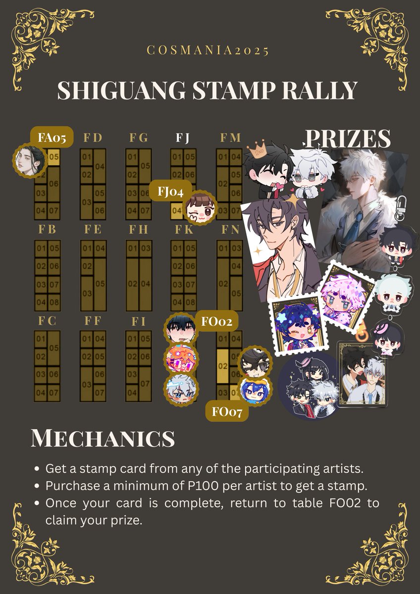 ✨Shiguang Stamp Rally ✨

Hi!! mechanics and prizes for our stamp rally. Collect all the stamps and get the following prizes: photocards, stickers, button pin, and keychains.

#FanfairAtCosplayMania2025 
#cosplaymania2025
