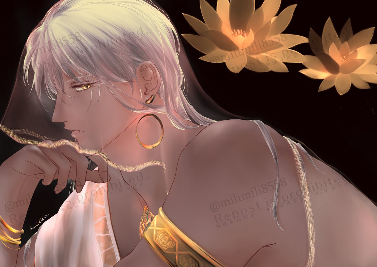 褐色男子描きました🖊
睡蓮はこちらの花が正しいようです（前回、蓮を描いてました・・🙏💦

＃イラスト
＃創作男子