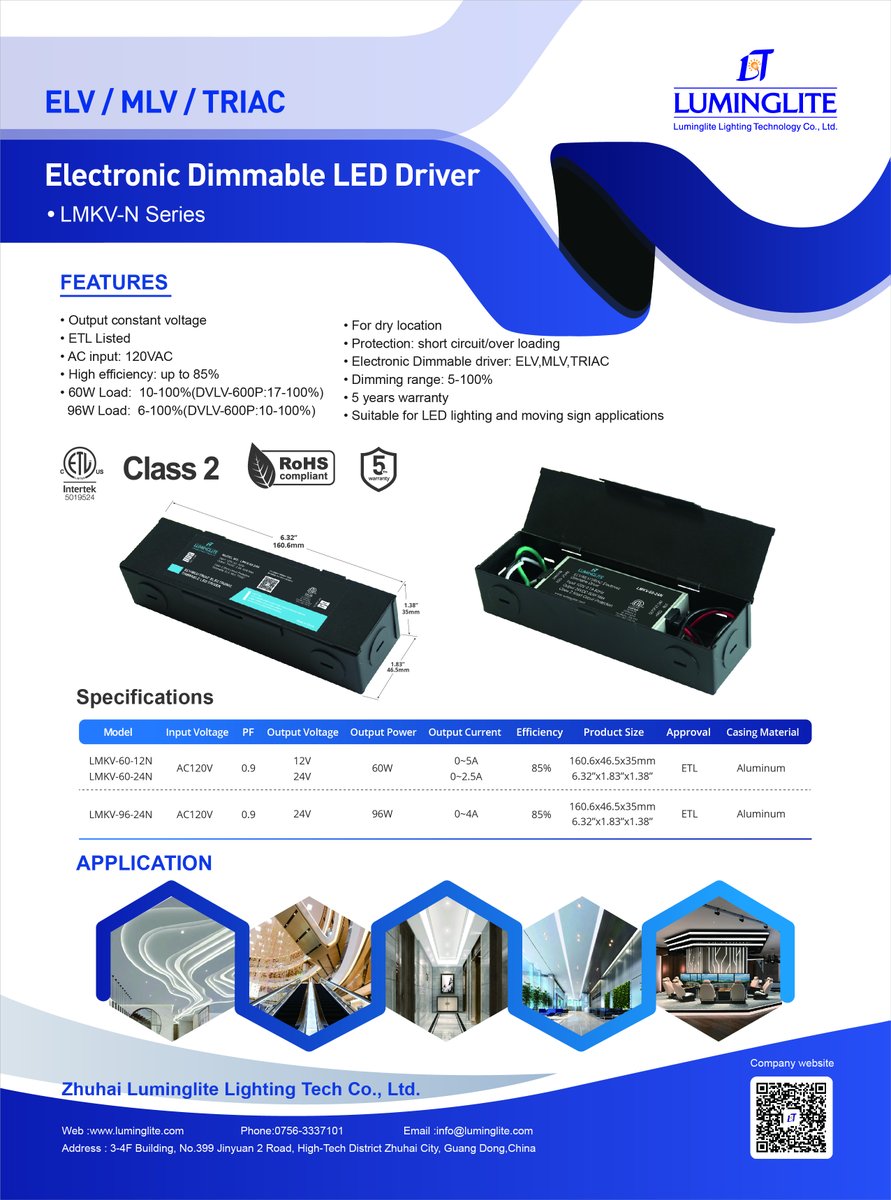 luminglite's tweet photo. 💡 Smooth dimming, high efficiency, ETL listed.
Meet our LMKV-N Series Dimmable LED Driver – built for reliable lighting &amp; signage. ⚡
Contact us to learn more!
#LEDDRIVER #DimmableDriver #LEDLighting #TRIAC #ELV #MLV #LightingSolutions #PowerSupply https://t.co/ui2mskTMV4