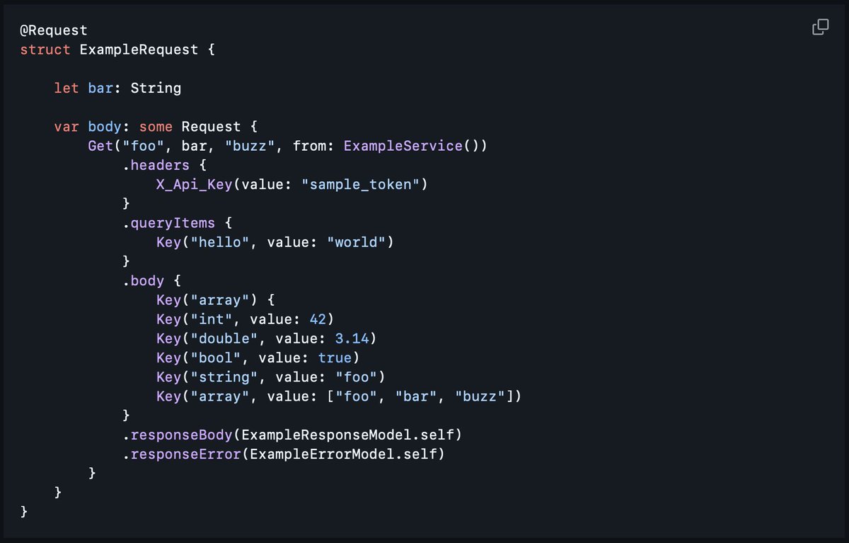 PiotrekJeremicz's tweet image. This is #SwiftyNetworking, a simple package that provides a SwiftUI-style request builder.

#HTTP Request methods can be included in the body, and modifiers help build the request structure. 📦

The biggest challenge was supporting dynamic response types. 💡
#Swift #BuildInPublic