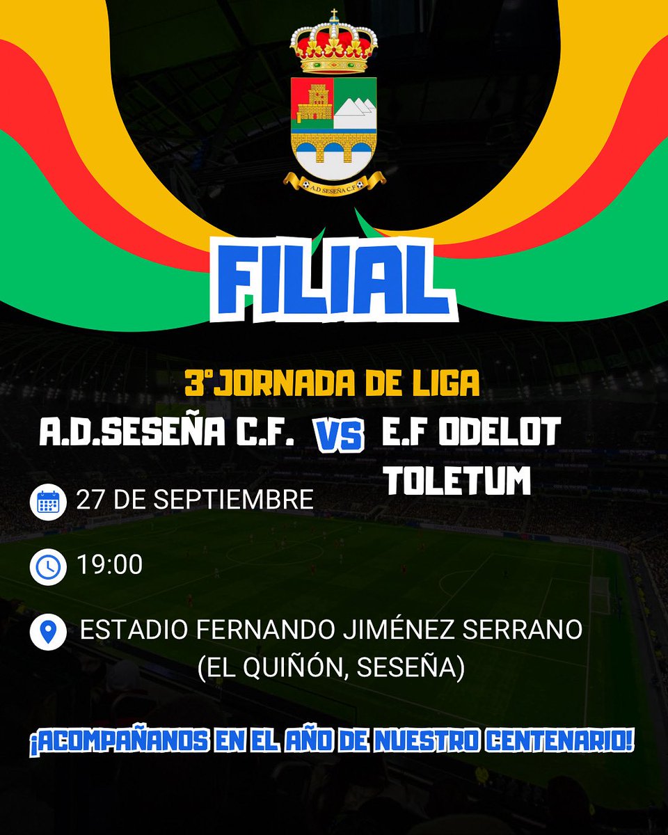 💪 Senior B | Jornada 3

Tras la dura derrota de la pasada jornada, nuestro Senior B quiere levantarse y sumar los 3 puntos en casa frente al EF Odelot Toletum.

📍 Fernando Jiménez Serrano
🗓️ Sábado 27/09 ⏰ 19:00h

¡A por todas, equipo! 🔴🟡
#ADSeseñaCF #RojoYAmarillo #SeniorB