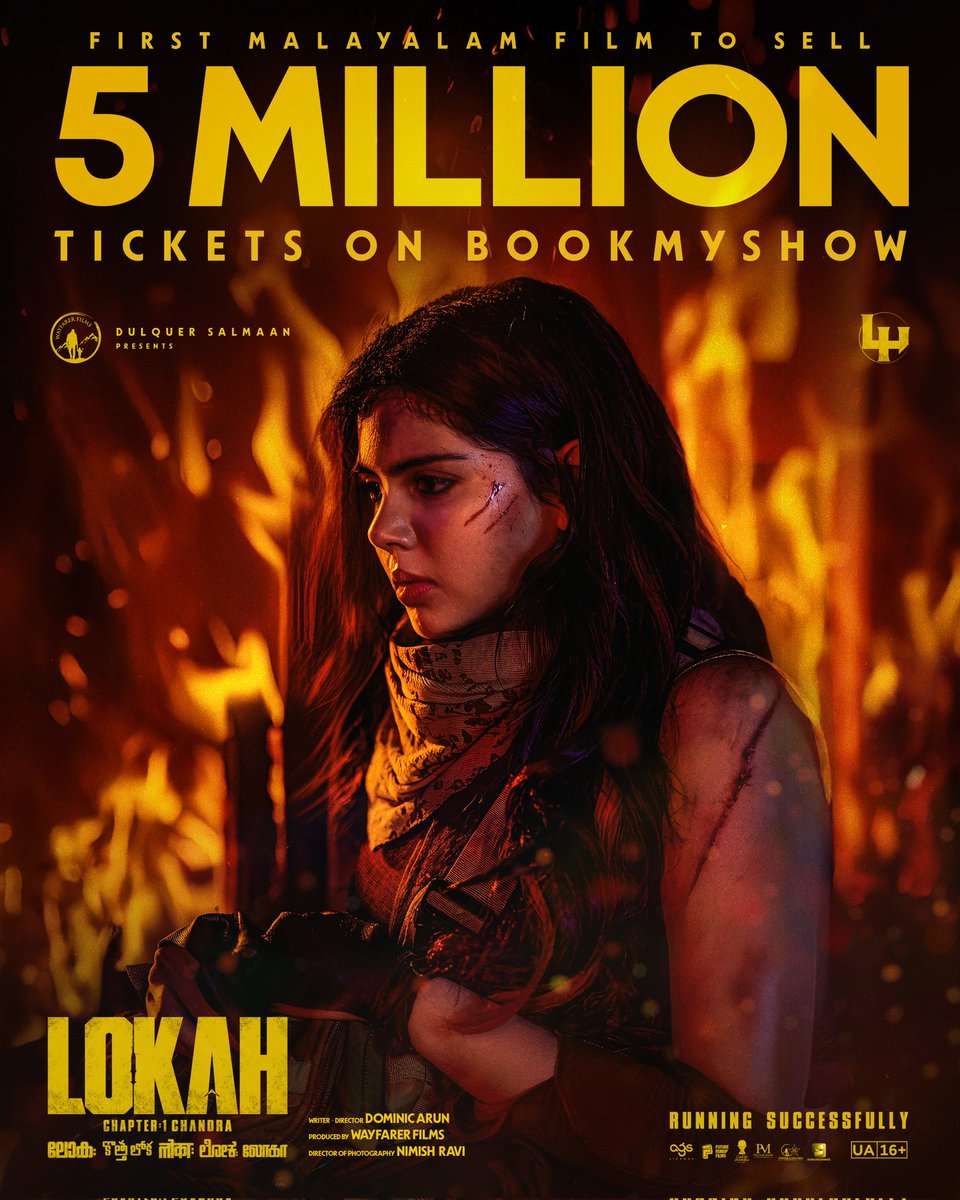 DQsWayfarerFilm's tweet photo. Malayalam cinema's proud moment! #Lokah sells 5M tickets on BookMyShow, a first for any Malayalam film! 💫

#Lokah #TheyLiveAmongUs

@DQsWayfarerFilm @dulQuer @dominicarun
@NimishRavi
@kalyanipriyan
@naslen__ @jakes_bejoy @chamanchakko 
@iamSandy_Off @santhybee @AKunjamma https://t.co/8Xif6Is8rv