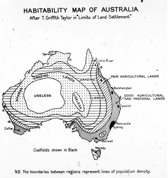 GeoICT055's tweet photo. 1946 Habitability Map of Australia by T. Griffith Taylor. This map categorized regions from "useless" to "good agricultural and pastoral lands"

Read more: https://t.co/AAMs8p6bfn

#GeoICT #Australia #Habitability #HistoricalMaps #GIS https://t.co/np0miB5YEi