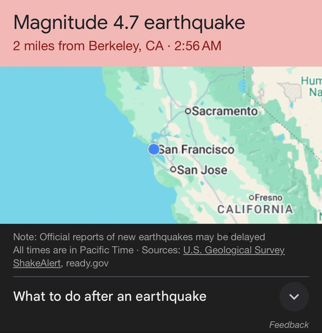 ferozwala's tweet image. Magnitude 4.7 earthquake detected in the San Francisco Bay area, California 

#SanFrancisco #California 
#USA #Earthquake 
#Breaking