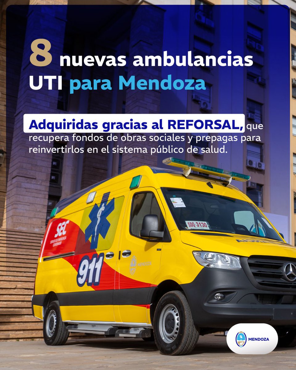 alfredocornejo's tweet photo. Hoy anunciamos el llamado a licitación para la compra de 8 nuevas ambulancias UTI que fortalecerán el Servicio de Emergencias Coordinado. Invertiremos $1.000 millones financiado en gran parte con lo que recuperamos gracias al REFORSAL.

Este ente, que impulsamos y logramos sancionar por unanimidad el año pasado dentro del Plan Provincial de Salud 2024-2030, está cumpliendo su objetivo de cobrarle a las obras sociales y prepagas lo que corresponde y reinvertir cada peso en el sistema público.

Con esos fondos estamos mejorando hospitales, centros de salud y el servicio de emergencia. Más insumos, más equipamiento y mejores prestaciones para los mendocinos.

Así funciona la planificación y la gestión responsable, con resultados concretos para que la salud pública de Mendoza sea cada día más sólida.