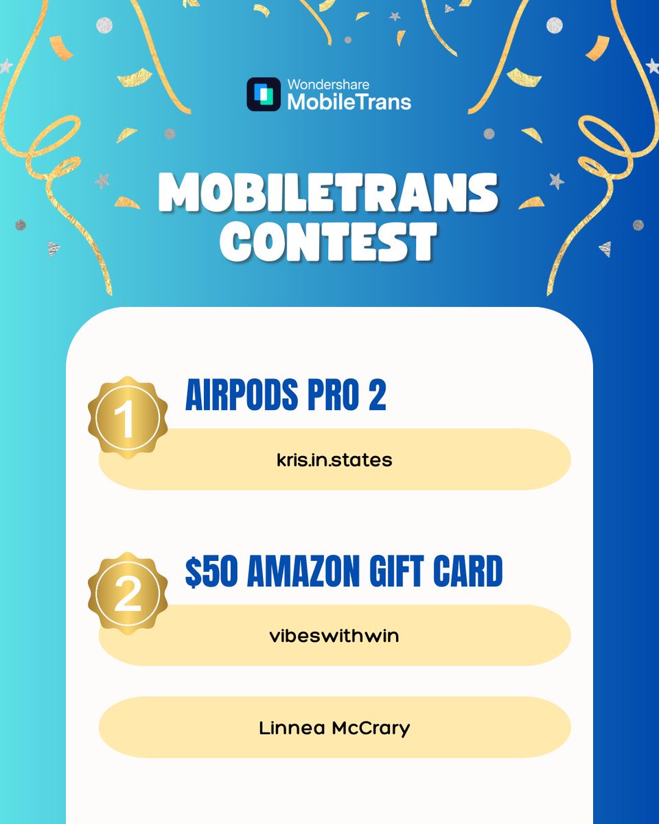 WS_MobileTrans's tweet image. 🎉 Thanks to everyone who joined our giveaway! 🎉
Congrats to our winners—please DM us within 3 business days to claim your prize, or it will be forfeited.
⚠️ Reminder:
1⃣This is the ONLY official winner list
2⃣We never ask for payment/info
3⃣Final interpretation belongs to us