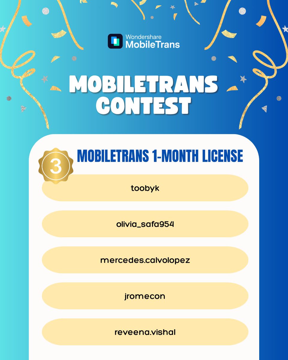 WS_MobileTrans's tweet image. 🎉 Thanks to everyone who joined our giveaway! 🎉
Congrats to our winners—please DM us within 3 business days to claim your prize, or it will be forfeited.
⚠️ Reminder:
1⃣This is the ONLY official winner list
2⃣We never ask for payment/info
3⃣Final interpretation belongs to us