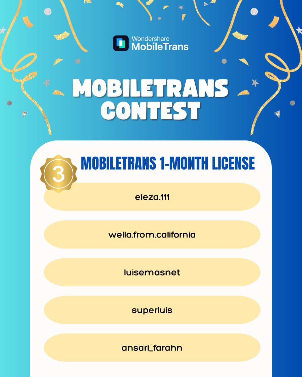 WS_MobileTrans's tweet image. 🎉 Thanks to everyone who joined our giveaway! 🎉
Congrats to our winners—please DM us within 3 business days to claim your prize, or it will be forfeited.
⚠️ Reminder:
1⃣This is the ONLY official winner list
2⃣We never ask for payment/info
3⃣Final interpretation belongs to us