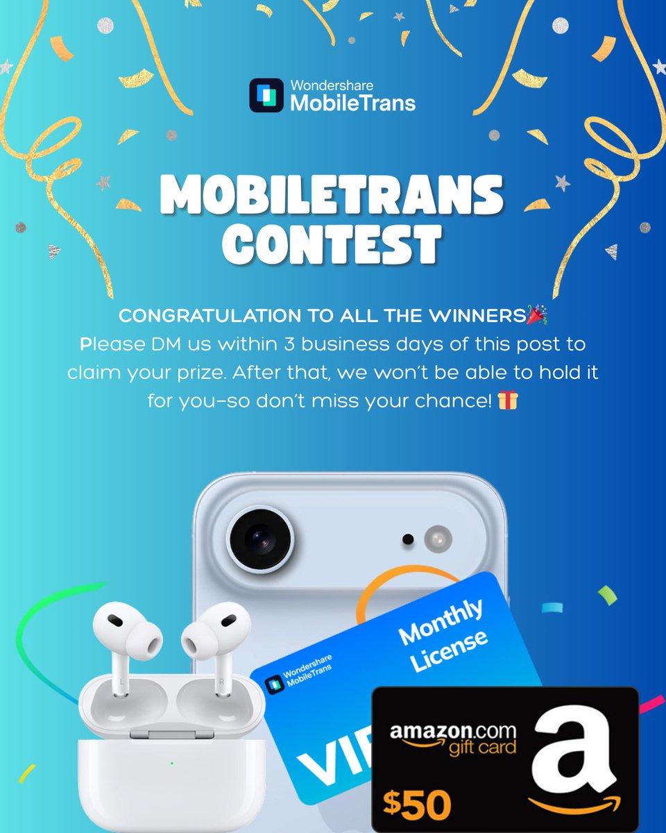 WS_MobileTrans's tweet image. 🎉 Thanks to everyone who joined our giveaway! 🎉
Congrats to our winners—please DM us within 3 business days to claim your prize, or it will be forfeited.
⚠️ Reminder:
1⃣This is the ONLY official winner list
2⃣We never ask for payment/info
3⃣Final interpretation belongs to us