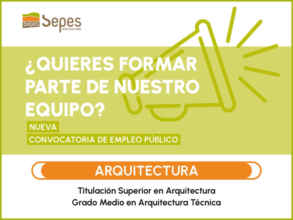 📢CONVOCATORIA 10 PLAZAS TITULACIÓN EN ARQUITECTURA
➡️ Titulación Superior en Arquitectura: 7 libres + 1 cupo de discapacidad
➡️Grado Medio en Arquitectura Técnica: 2 libres

✍️Proceso selectivo: concurso-oposición
🗓️Plazo presentación de solicitudes: hasta el 10 de octubre
