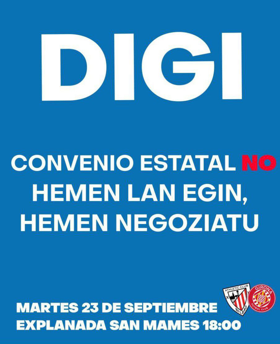 Gure babesa eta elkartasuna Digiko langileei, hitzarmen duin baten aldeko borrokan.

Asteartean, hilak 23, elkarretaratzea egingo dute Zabalgunean, 18:00etan.

Estatuko hitzarmenari ez!
Hemen lan egiten dugu, hemen negoziatzen dugu.