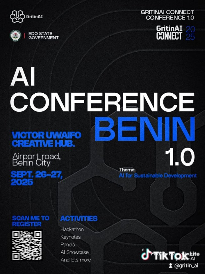 GritinAI's tweet photo. The Wait is Almost Over, Benin! ✨

On Sept 26–27, GritinAI Connect brings you a groundbreaking experience, unlocking how AI for sustainable development

#GritinAIConnect | #AIConferenceBenin | #AIForAfrica

📍 Benin City | ⏰ 9AM

📌Register;https://t.co/kTzUIU5UNn https://t.co/zZW9QBQd2k