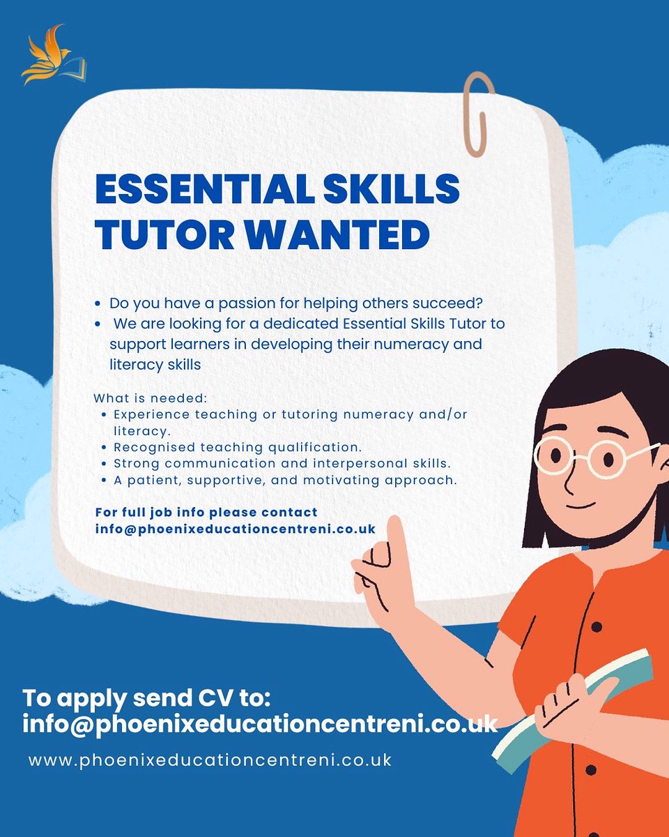 Essential Skills Tutor – Numeracy &amp; Literacy
Looking for a Tutor to support learners in developing their Essential Skills.
📍:Phoenix Education Centre 
🕒: Part-time (2 days per week)
For more info or to apply send your CV &amp; cover letter to: info@phoenixeducationcentreni.co.uk