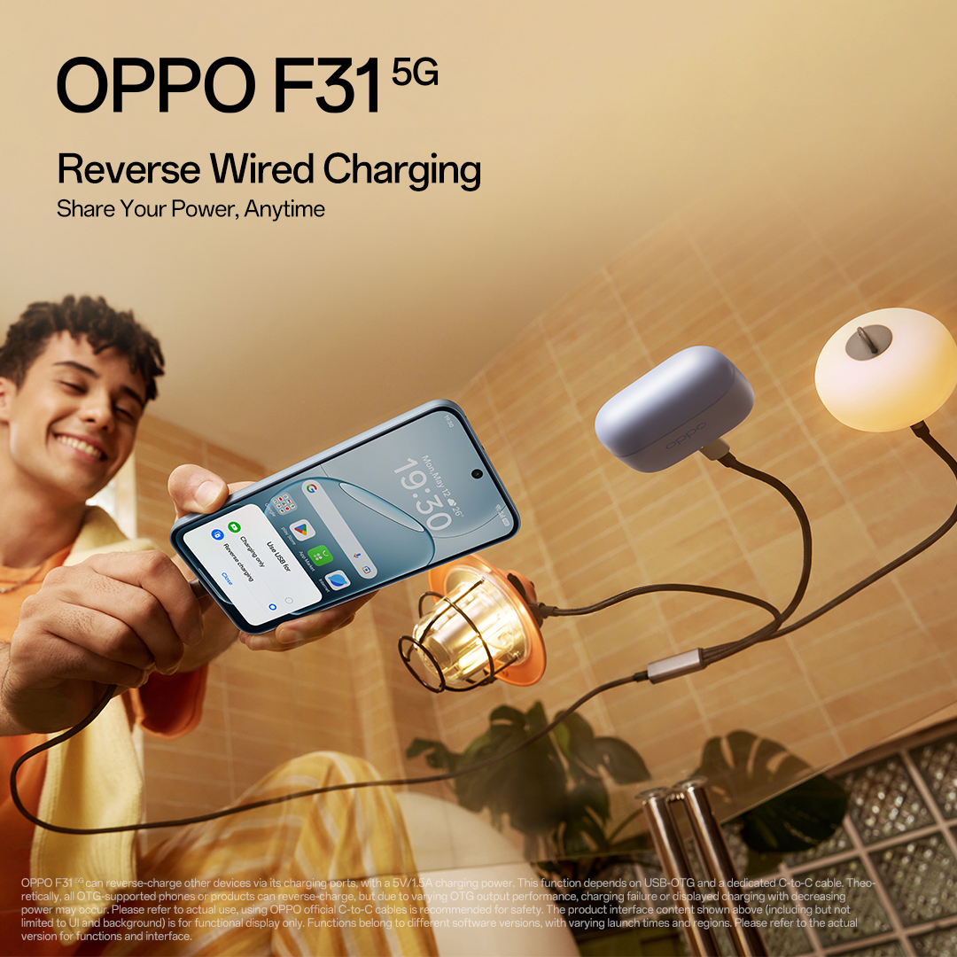 OPPOIndia's tweet image. With Reverse Wired Charging on the OPPO F31 5G, you can turn your phone into a portable power back-up, perfect for giving your earbuds, wearables, or even a friend’s device a quick boost whenever needed.
Pre-Order Now: bit.ly/46ybxOn
#SmoothAndPowerful #OPPOF31Series5G