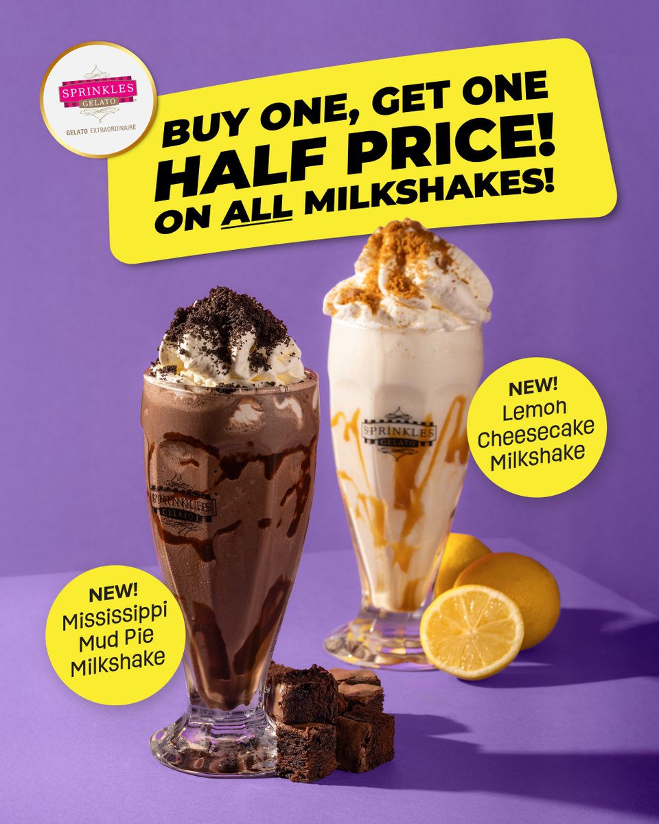 It's Buy One, Get One Half-Price on ALL milkshakes until the end of September! Don't miss out! Treat yourself to our new milkshakes! 🤩 Craving something tangy? Try our Lemon Cheesecake shake or the new Mississippi Mud Pie 🍋🍰🍫🍪 #SprinklesGelato #Gelato #Milkshake #Southampton