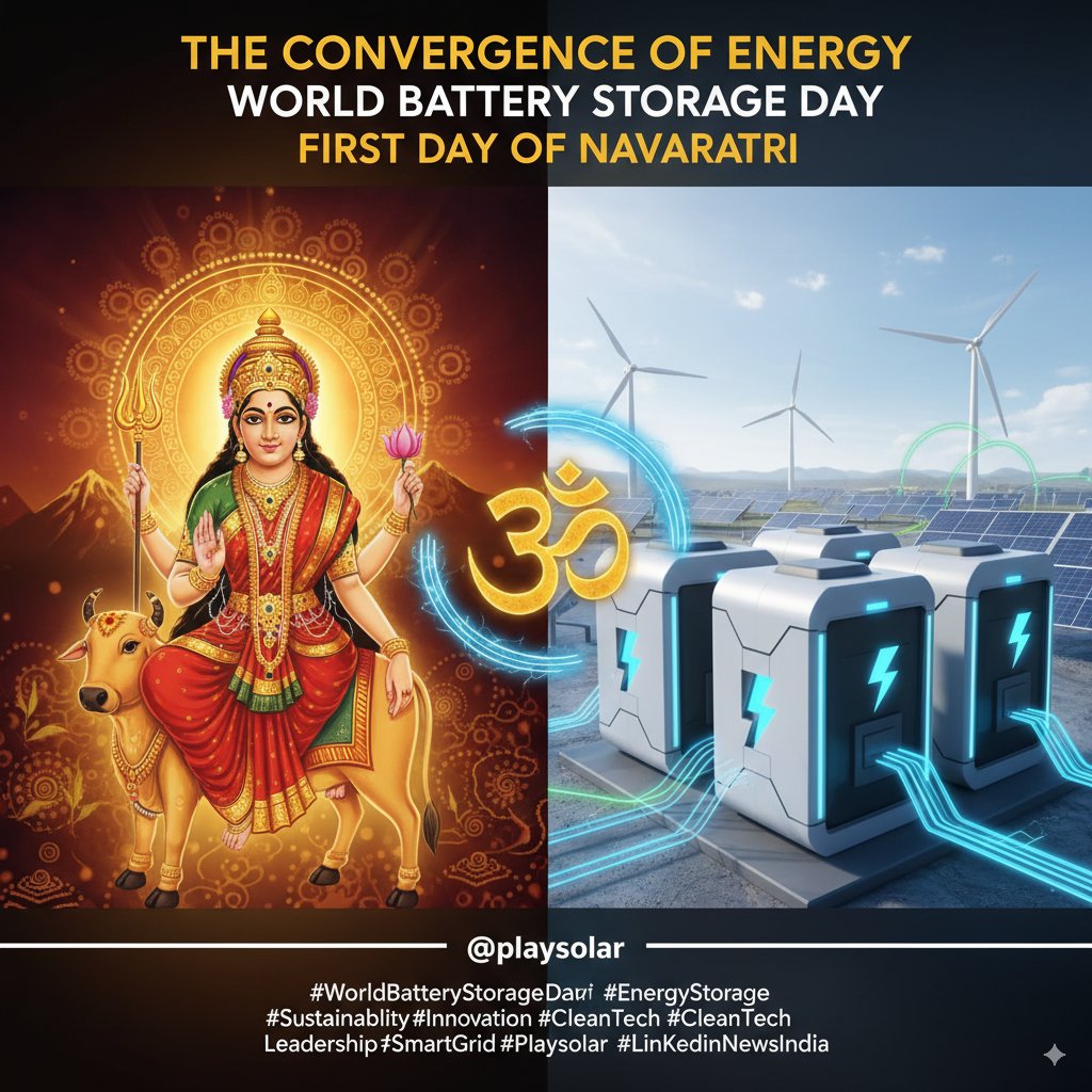 PlaySolar's tweet photo. Light a diya for divine energy. Install a battery for clean energy. 🪔⚡

Today, #Navaratri begins, honoring Goddess Shailputri &amp; the root of all power. It's also #WorldBatteryStorageDay, celebrating the tech that stores it. https://t.co/JHQdIv2ggK